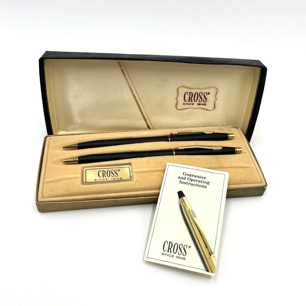 Vintage Cross Century Pen and Pencil Set Black Matte with Gold Trim WORKING
